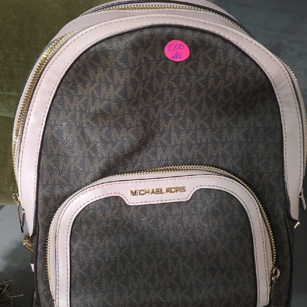 Michael Kors Brown Logo Backpack with Pink Trim and Gold Hardware